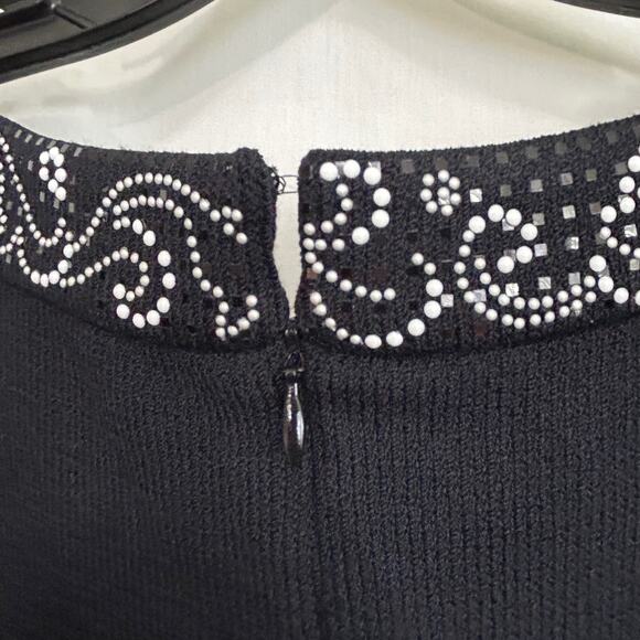 St. John Evening Black Knit Cocktail Dress White Rhinestone Sequin Women Size 10 - Picture 8 of 11